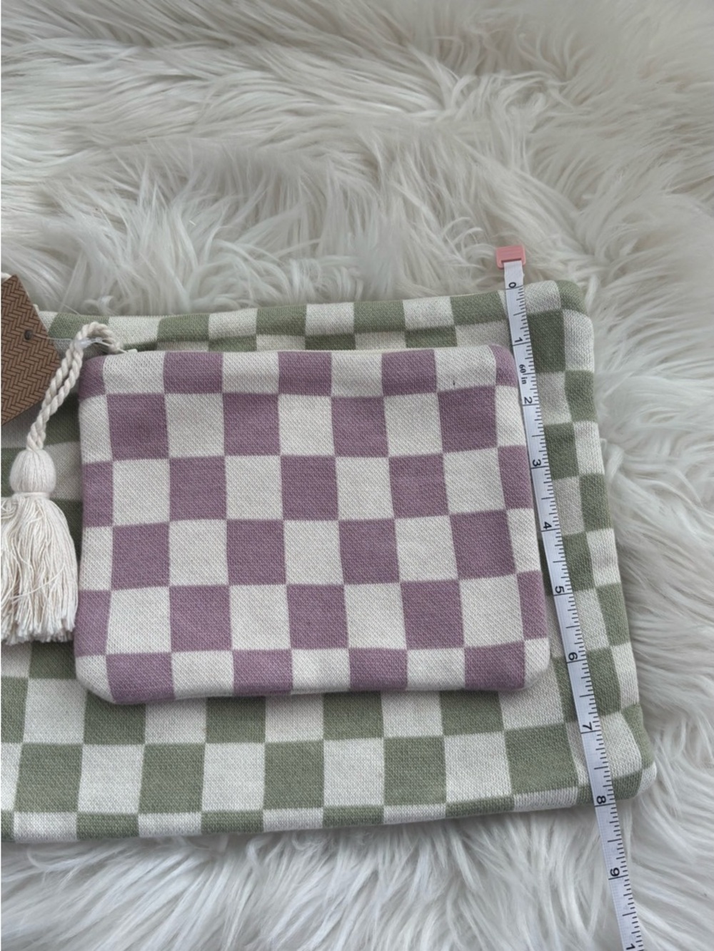 Checkered Cosmetic Pouch Set in Sage Green & Lavender Indian Artisans Unique - Picture 13 of 15